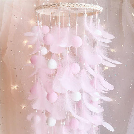 Pink Boho Pom Pom Feather Dreamcatcher - Whimsical Hanging Mobile for Girls Bedroom & Nursery Decor.