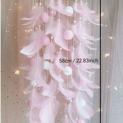 Pink Boho Pom Pom Feather Dreamcatcher - Whimsical Hanging Mobile for Girls Bedroom & Nursery Decor.