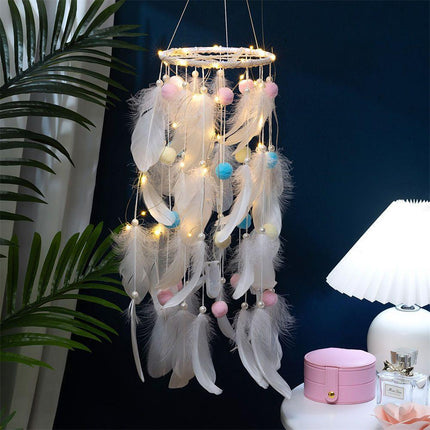 White Boho Pom Pom Feather Dreamcatcher - Whimsical Hanging Mobile for Girls Bedroom & Nursery Decor.