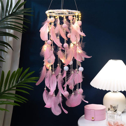 White Boho Pom Pom Feather Dreamcatcher - Whimsical Hanging Mobile for Girls Bedroom & Nursery Decor.