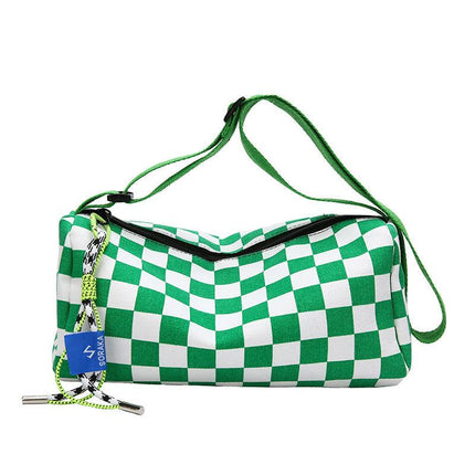 Green Trendy Checkerboard Boston Bag - Casual Crossbody Shoulder Purse with Wide Strap.