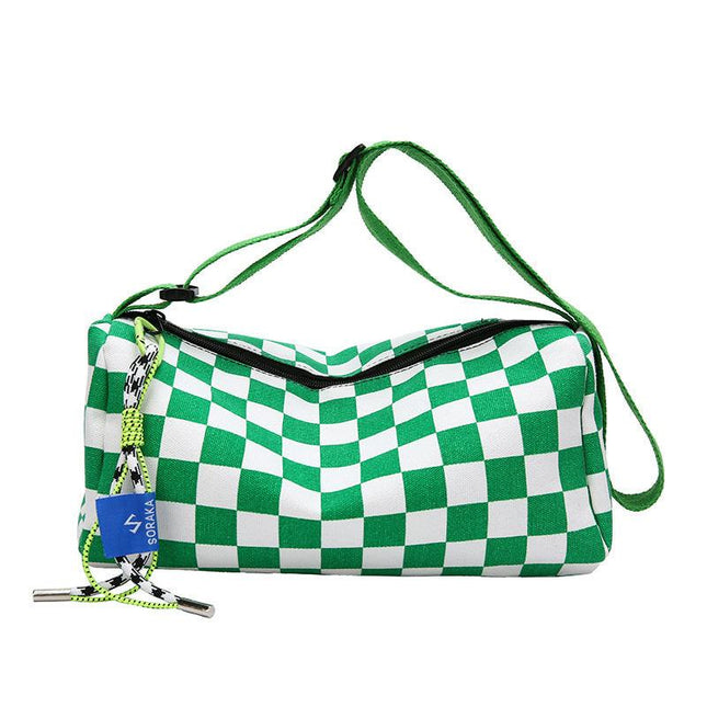 Green Trendy Checkerboard Boston Bag - Casual Crossbody Shoulder Purse with Wide Strap.