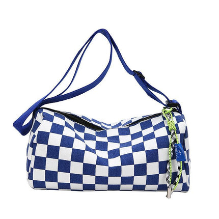 Blue Trendy Checkerboard Boston Bag - Casual Crossbody Shoulder Purse with Wide Strap.