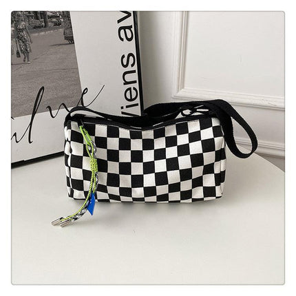 Blue Trendy Checkerboard Boston Bag - Casual Crossbody Shoulder Purse with Wide Strap.