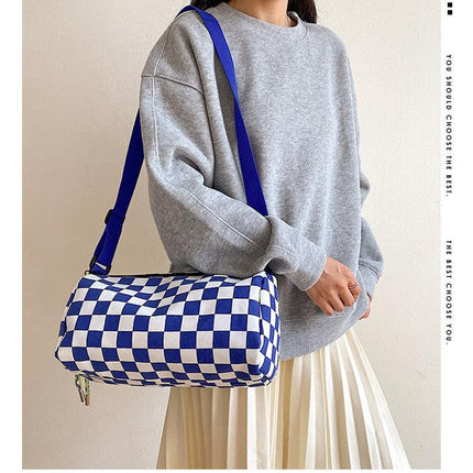 Blue Trendy Checkerboard Boston Bag - Casual Crossbody Shoulder Purse with Wide Strap.