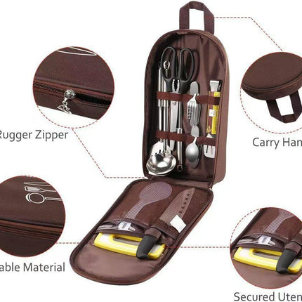 Brown Portable Camping Kitchen Utensil Organizer - Travel Cookware Storage Bag for BBQ & Picnics.
