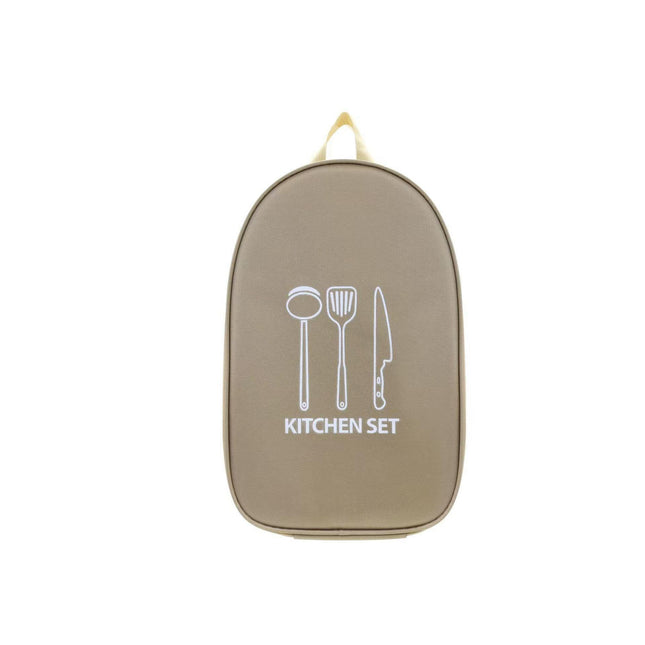 Khaki Portable Camping Kitchen Utensil Organizer - Travel Cookware Storage Bag for BBQ & Picnics.