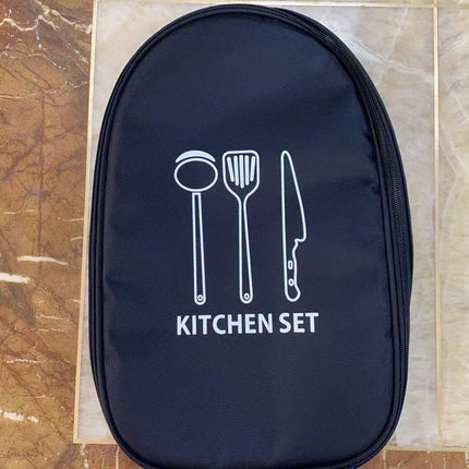 Black Portable Camping Kitchen Utensil Organizer - Travel Cookware Storage Bag for BBQ & Picnics.