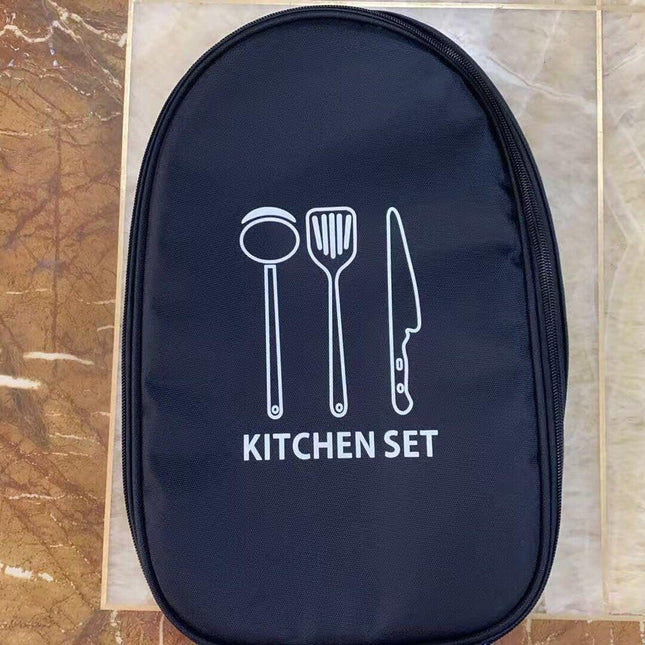 Black Portable Camping Kitchen Utensil Organizer - Travel Cookware Storage Bag for BBQ & Picnics.
