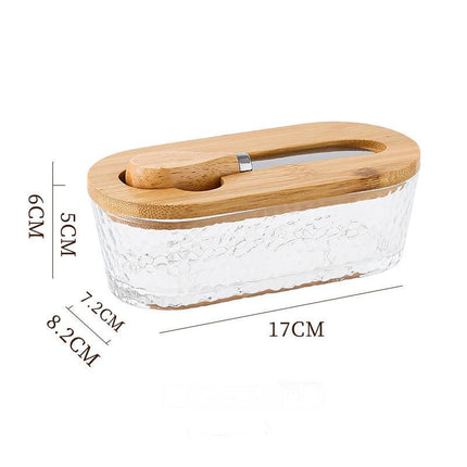 Natural wood color - hammer grain Elegant Glass Butter Dish with Wooden Lid & Matching Spreader - Sealed Butter Keeper for Freshness.