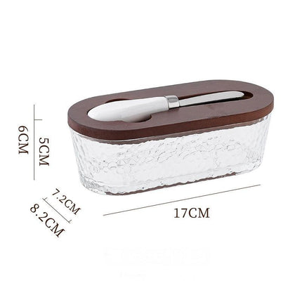 Brown - Hammer texture Elegant Glass Butter Dish with Wooden Lid & Matching Spreader - Sealed Butter Keeper for Freshness.