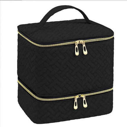 Black Professional Nail Polish Organizer Case for 30 Bottles & UV Lamp - Double-Layer Travel Storage Bag.