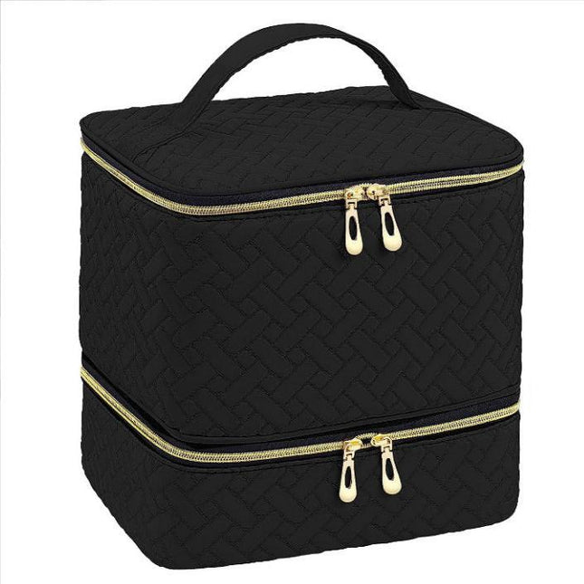 Black Professional Nail Polish Organizer Case for 30 Bottles & UV Lamp - Double-Layer Travel Storage Bag.