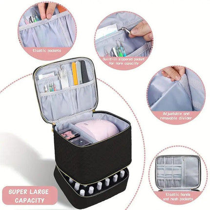Purple Professional Nail Polish Organizer Case for 30 Bottles & UV Lamp - Double-Layer Travel Storage Bag.