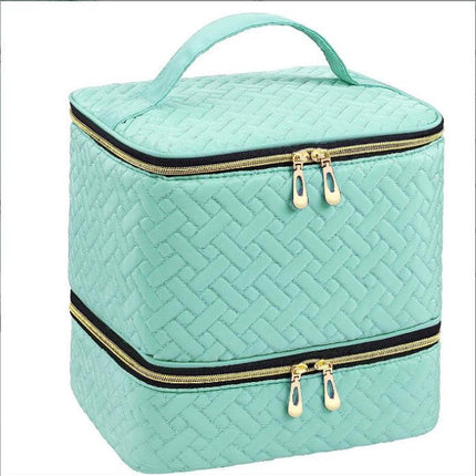 Green Professional Nail Polish Organizer Case for 30 Bottles & UV Lamp - Double-Layer Travel Storage Bag.