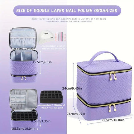 Green Professional Nail Polish Organizer Case for 30 Bottles & UV Lamp - Double-Layer Travel Storage Bag.