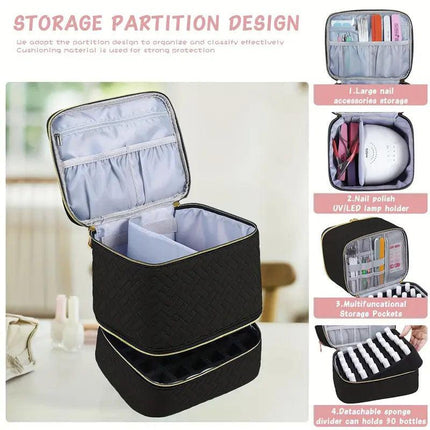 Green Professional Nail Polish Organizer Case for 30 Bottles & UV Lamp - Double-Layer Travel Storage Bag.