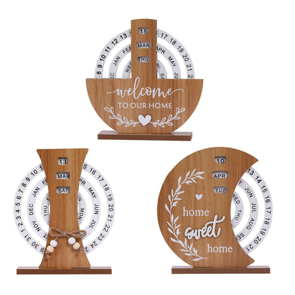 Moon Style Rustic Wooden Perpetual Calendar - Reusable Rotating Desk & Tabletop Decor.