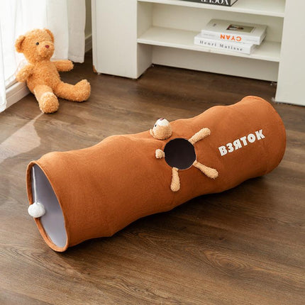 Brown bear Premium Soft Suede Cat Tunnel - Collapsible Play Tube with Peek-a-Boo Hole & Hanging Ball(1.2m).