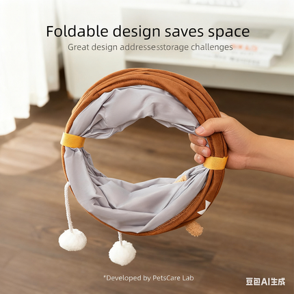 Grey Premium Soft Suede Cat Tunnel - Collapsible Play Tube with Peek-a-Boo Hole & Hanging Ball(0.8m).