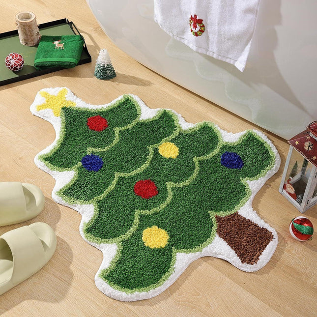 Green Christmas tree style Festive Christmas Shaped Floor Mat - Plush Non-Slip Holiday Accent Rug(Style 1).