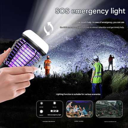 Black Rechargeable 3-in-1 Bug Zapper Lantern - Portable UV Mosquito Killer with Camping Light & SOS Mode.
