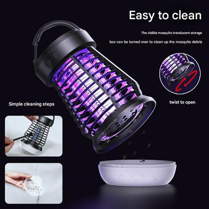 Black Rechargeable 3-in-1 Bug Zapper Lantern - Portable UV Mosquito Killer with Camping Light & SOS Mode.