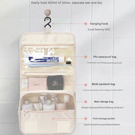 Grey Portable Hanging Travel Toiletry Bag - Large Capacity Cosmetic & Wash Organizer with Sturdy Hook.
