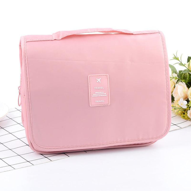 Pink Portable Hanging Travel Toiletry Bag - Large Capacity Cosmetic & Wash Organizer with Sturdy Hook.