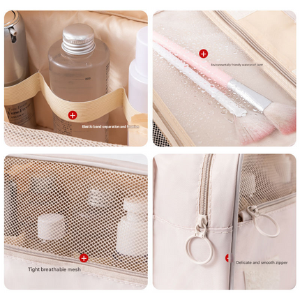 Beige Portable Hanging Travel Toiletry Bag - Large Capacity Cosmetic & Wash Organizer with Sturdy Hook.