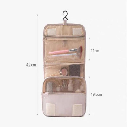 Beige Portable Hanging Travel Toiletry Bag - Large Capacity Cosmetic & Wash Organizer with Sturdy Hook.