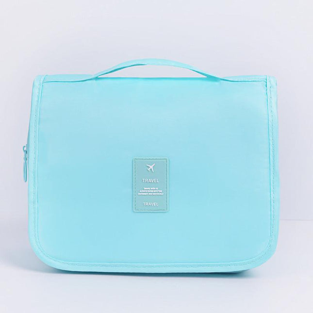 Bright blue Portable Hanging Travel Toiletry Bag - Large Capacity Cosmetic & Wash Organizer with Sturdy Hook.