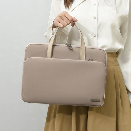 Beige Chic Padded Laptop Bag for 15.6-Inch Notebooks - Versatile Shoulder Briefcase with Trolley Strap.