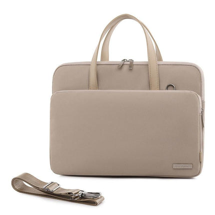 Beige Chic Padded Laptop Bag for 15.6-Inch Notebooks - Versatile Shoulder Briefcase with Trolley Strap.