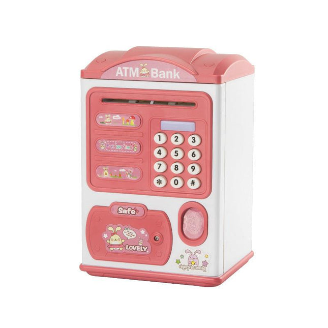 Pink rabbit Kids Smart ATM Piggy Bank - Automatic Bill Scroll, Password & Fingerprint Unlock with Fun Features.