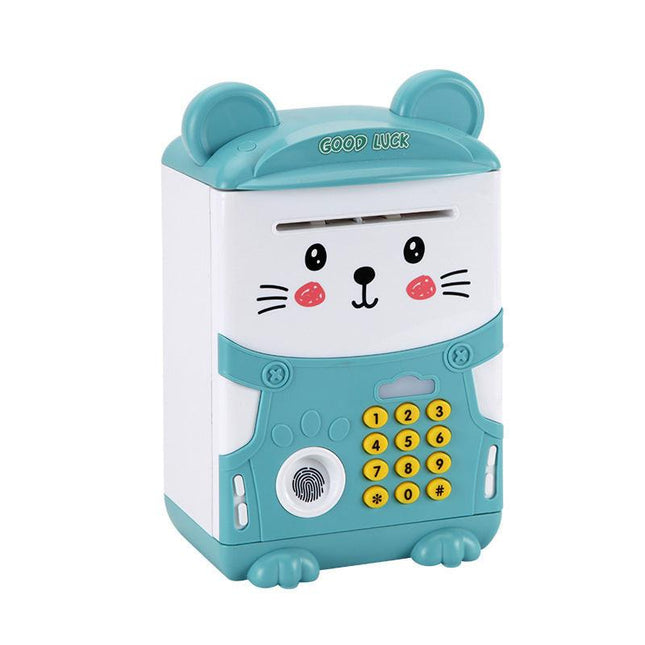 Blue Mouse Treasure Kids Smart ATM Piggy Bank - Automatic Bill Scroll, Password & Fingerprint Unlock with Fun Features.