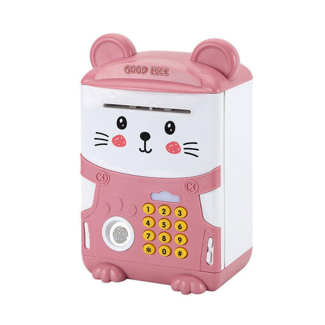 Pink Mouse baby Kids Smart ATM Piggy Bank - Automatic Bill Scroll, Password & Fingerprint Unlock with Fun Features.