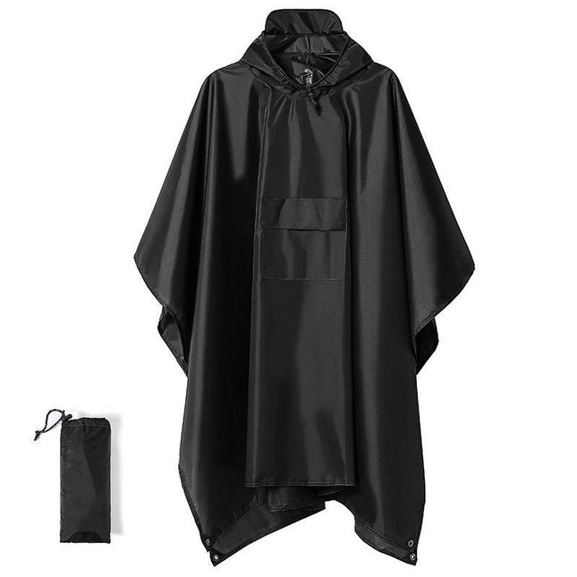 Black 3-in-1 Multifunctional Outdoor Rain Poncho - Ground Mat & Shelter - Lightweight & Waterproof for Hiking & Camping.