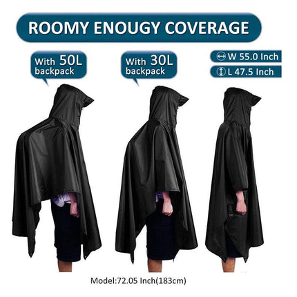 Black 3-in-1 Multifunctional Outdoor Rain Poncho - Ground Mat & Shelter - Lightweight & Waterproof for Hiking & Camping.