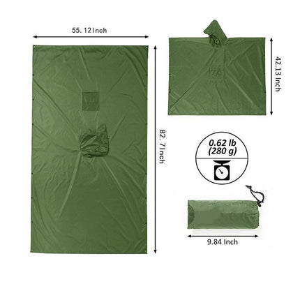 Black 3-in-1 Multifunctional Outdoor Rain Poncho - Ground Mat & Shelter - Lightweight & Waterproof for Hiking & Camping.