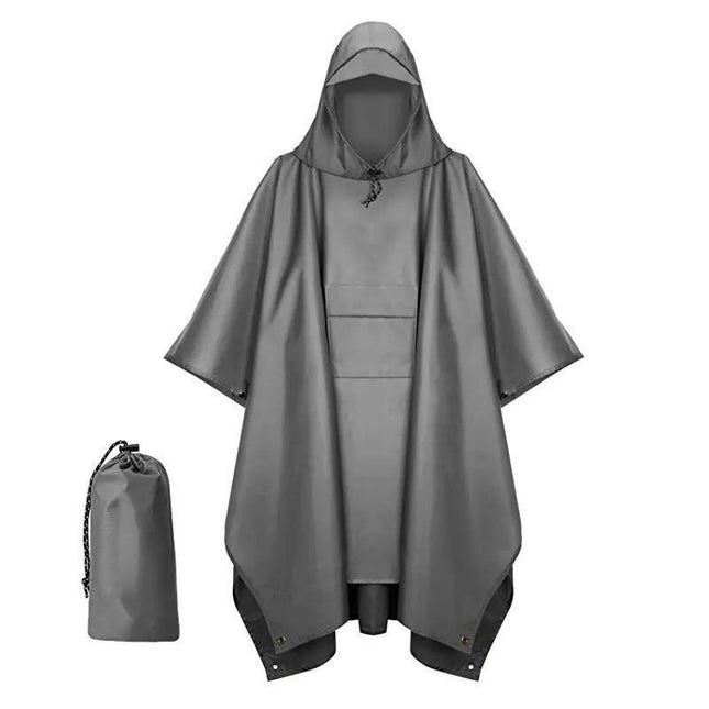 Grey 3-in-1 Multifunctional Outdoor Rain Poncho - Ground Mat & Shelter - Lightweight & Waterproof for Hiking & Camping.