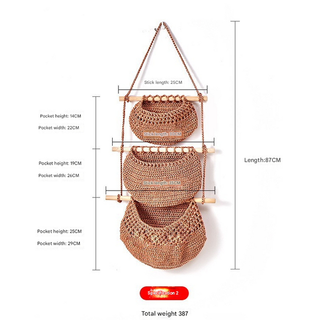 Three-layer braided rope style Bohemian Hanging Fruit Basket – Wall-Mounted Woven Storage Net Pocket for Kitchen & Home Decor.