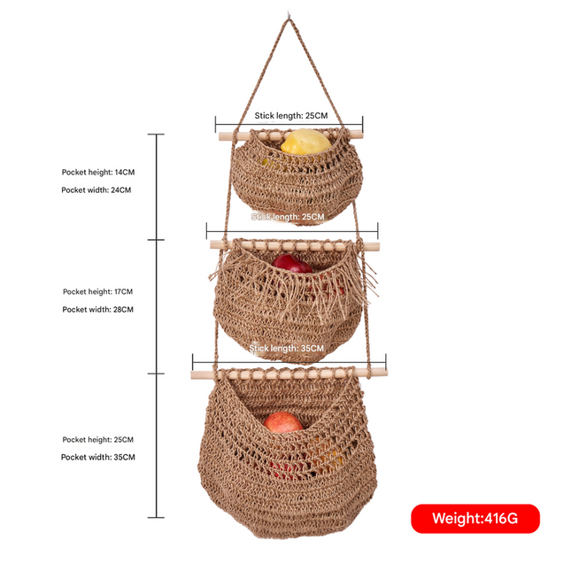 Three-layer hemp rope style Bohemian Hanging Fruit Basket – Wall-Mounted Woven Storage Net Pocket for Kitchen & Home Decor.
