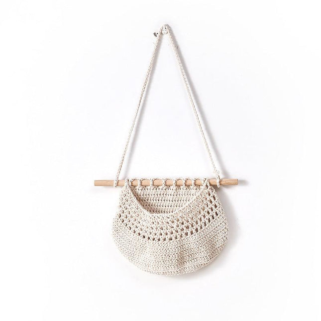 Single-layer cotton rope style Bohemian Hanging Fruit Basket – Wall-Mounted Woven Storage Net Pocket for Kitchen & Home Decor.