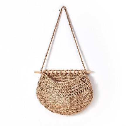 Single-layer hemp rope style Bohemian Hanging Fruit Basket – Wall-Mounted Woven Storage Net Pocket for Kitchen & Home Decor.