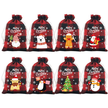Red checkered Christmas Gift Drawstring Bags Set - Festive Burlap Style Pouches for Candy & Apples - Holiday Decoration - 10 Pcs.