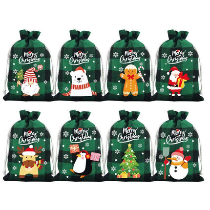 Green grid Christmas Gift Drawstring Bags Set - Festive Burlap Style Pouches for Candy & Apples - Holiday Decoration - 10 Pcs.
