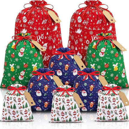 Green grid Christmas Gift Drawstring Bags Set - Festive Burlap Style Pouches for Candy & Apples - Holiday Decoration - 10 Pcs.