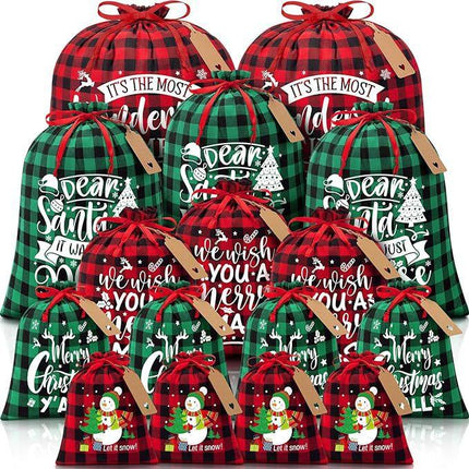 Black and white checkered Christmas Gift Drawstring Bags Set - Festive Burlap Style Pouches for Candy & Apples - Holiday Decoration - 10 Pcs.