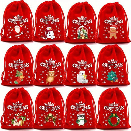 Red flannel Christmas Gift Drawstring Bags Set - Festive Burlap Style Pouches for Candy & Apples - Holiday Decoration - 10 Pcs.